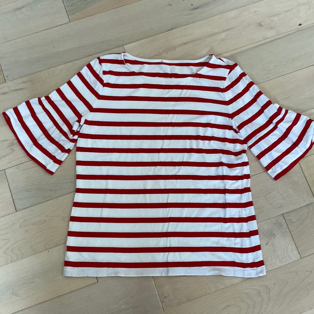 Talbots soft stretch ruffle Sleeve white red striped top